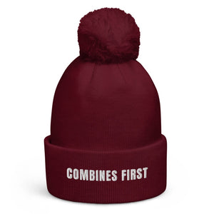 The Tractor Mugs Store Burgundy Combines First | Pom-Pom Beanie Quality Farmers Merch