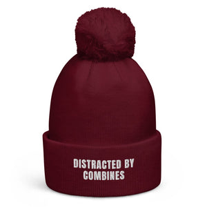 The Tractor Mugs Store Burgundy Distracted by Combines | Pom-Pom Beanie Quality Farmers Merch