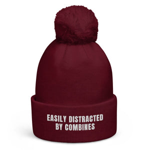 The Tractor Mugs Store Burgundy Easily Distracted By Combines | Pom-Pom Beanie Quality Farmers Merch