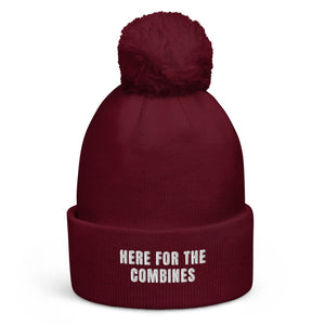 The Tractor Mugs Store Burgundy Here for the Combines | Pom-Pom Beanie Quality Farmers Merch