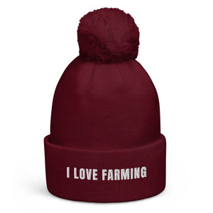 The Tractor Mugs Store Burgundy I Love Farming | Pom-Pom Beanie Quality Farmers Merch
