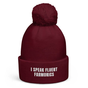 The Tractor Mugs Store Burgundy I Speak Fluent Farmonics | Pom-Pom Beanie Quality Farmers Merch