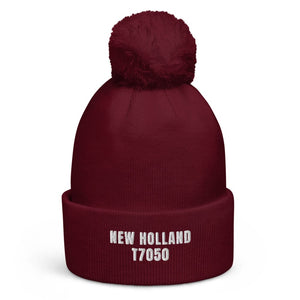 The Tractor Mugs Store Burgundy New Holland T7050 | Pom-Pom Beanie Quality Farmers Merch