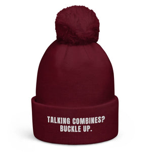 The Tractor Mugs Store Burgundy Talking Combines? Buckle Up. | Pom-Pom Beanie Quality Farmers Merch