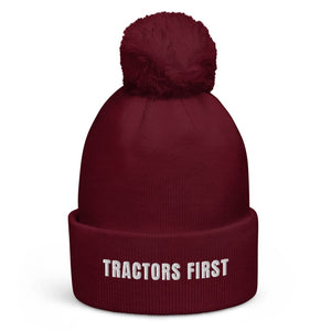 The Tractor Mugs Store Burgundy Tractors First | Pom-Pom Beanie Quality Farmers Merch