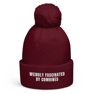 The Tractor Mugs Store Burgundy Weirdly Fascinated by Combines | Pom-Pom Beanie Quality Farmers Merch