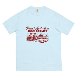 The Tractor Mugs Store Chambray New Holland T7.210 PROUD AUSTRALIAN 100% FARMER Two Tone | Unisex Premium T-shirt Quality Farmers Merch