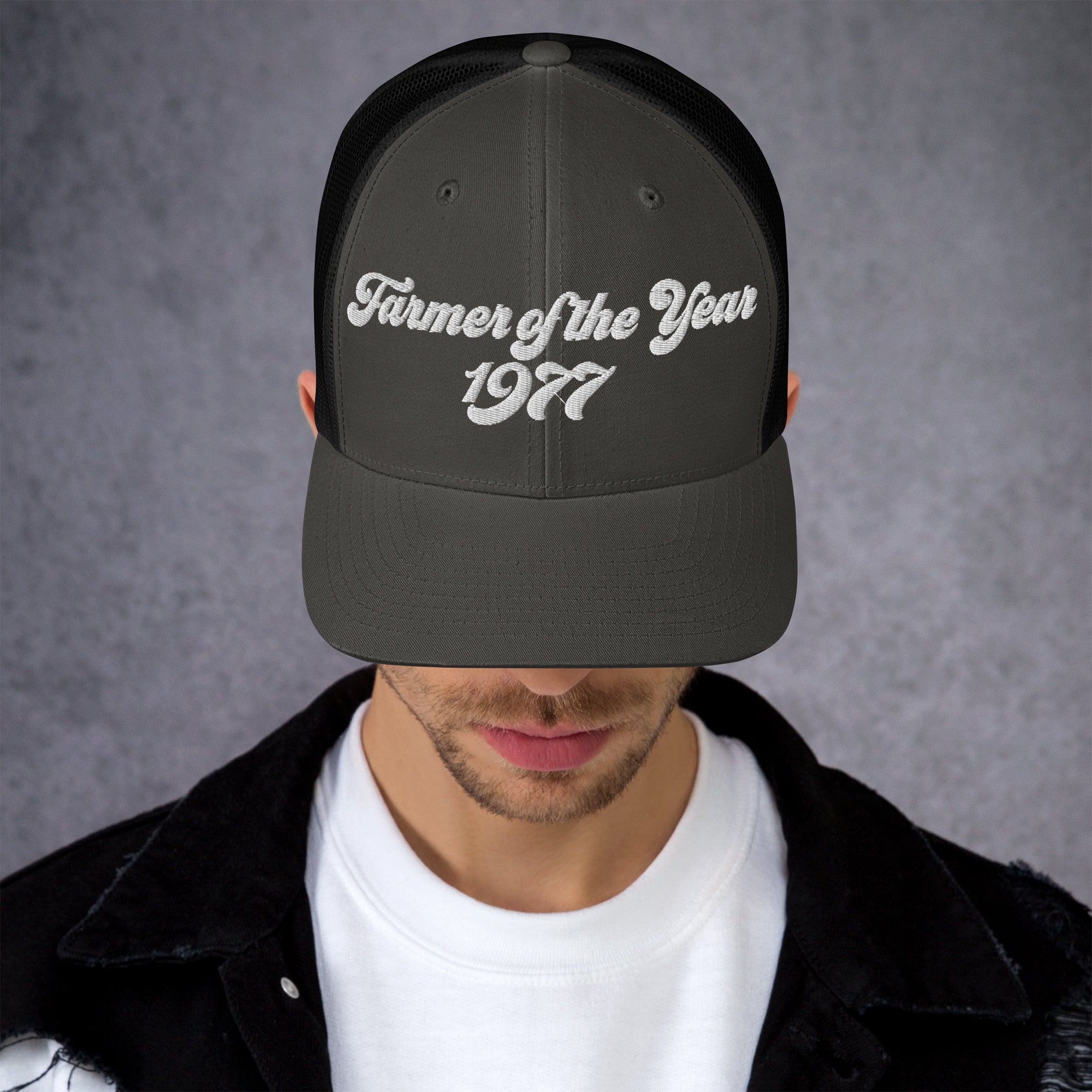 The Tractor Mugs Store Charcoal/ Black Farmer of The Year 1977 | Retro 70's Trucker Cap Quality Farmers Merch
