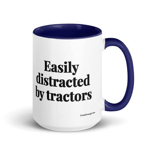 The Tractor Mugs Store Dark Blue Easily Distracted By Tractors | 15 oz Mug with Color Inside Quality Farmers Merch