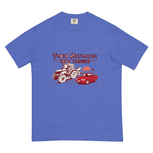 The Tractor Mugs Store Flo Blue FIATAGRI F140 PROUD AUSTRALIAN 100% FARMER Two Tone | Unisex Premium T-shirt Quality Farmers Merch