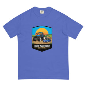 The Tractor Mugs Store Flo Blue New Holland TM 135 PROUD AUSTRALIAN 100% FARMER Bright | Unisex Premium T-shirt Quality Farmers Merch