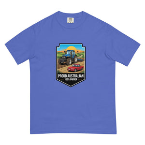 The Tractor Mugs Store Flo Blue New Holland TM 155 PROUD AUSTRALIAN 100% FARMER Bright | Unisex Premium T-shirt Quality Farmers Merch