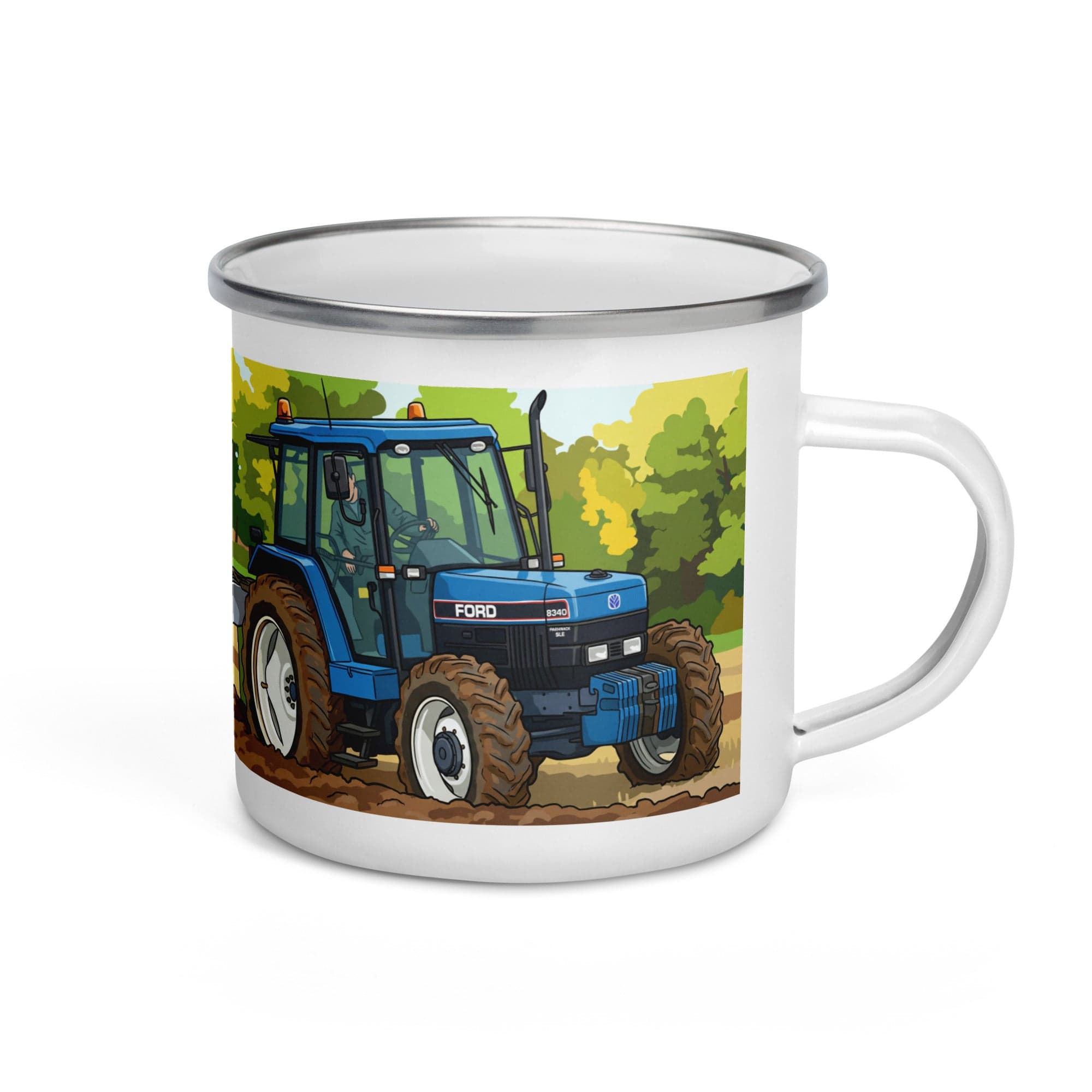The Tractor Mugs Store Ford New Holland 8340 Ploughing  | Enamel Mug Quality Farmers Merch