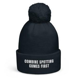 The Tractor Mugs Store French Navy Combine Spotting Comes First | Pom-Pom Beanie Quality Farmers Merch