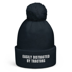 The Tractor Mugs Store French Navy Easily Distracted By Tractors | Pom-Pom Beanie Quality Farmers Merch