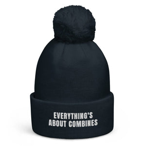 The Tractor Mugs Store French Navy Everything's About Combines | Pom-Pom Beanie Quality Farmers Merch