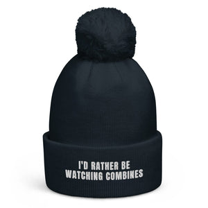 The Tractor Mugs Store French Navy I'd Rather Be Watching Combines | Pom-Pom Beanie Quality Farmers Merch