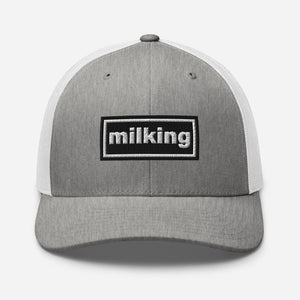 The Tractor Mugs Store Heather Grey/White Oasis Style Retro Milking | Trucker Cap Quality Farmers Merch