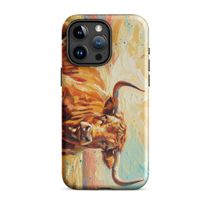 The Tractor Mugs Store iPhone 15 Pro Max English Longhorn Cow Splash Art | Tough Case for iPhone® Quality Farmers Merch