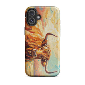 The Tractor Mugs Store iPhone 16 Plus English Longhorn Cow Splash Art | Tough Case for iPhone® Quality Farmers Merch