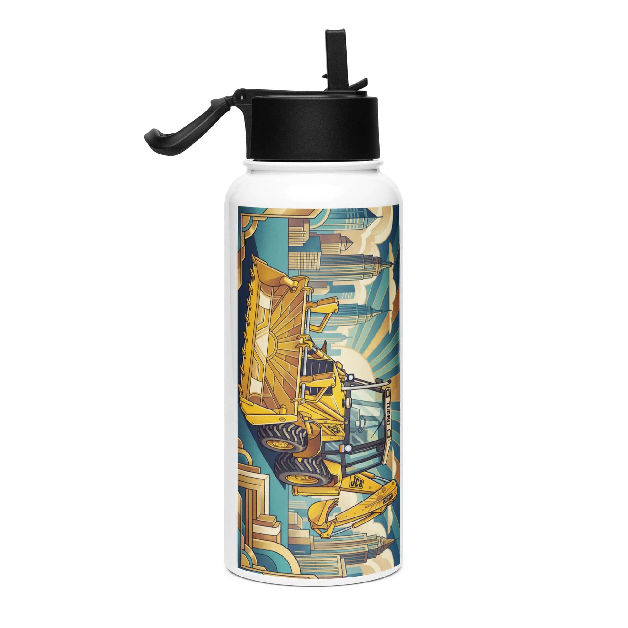 The Tractor Mugs Store JCB 3CX TURBO | Art Deco Stainless steel water bottle with a straw lid Quality Farmers Merch