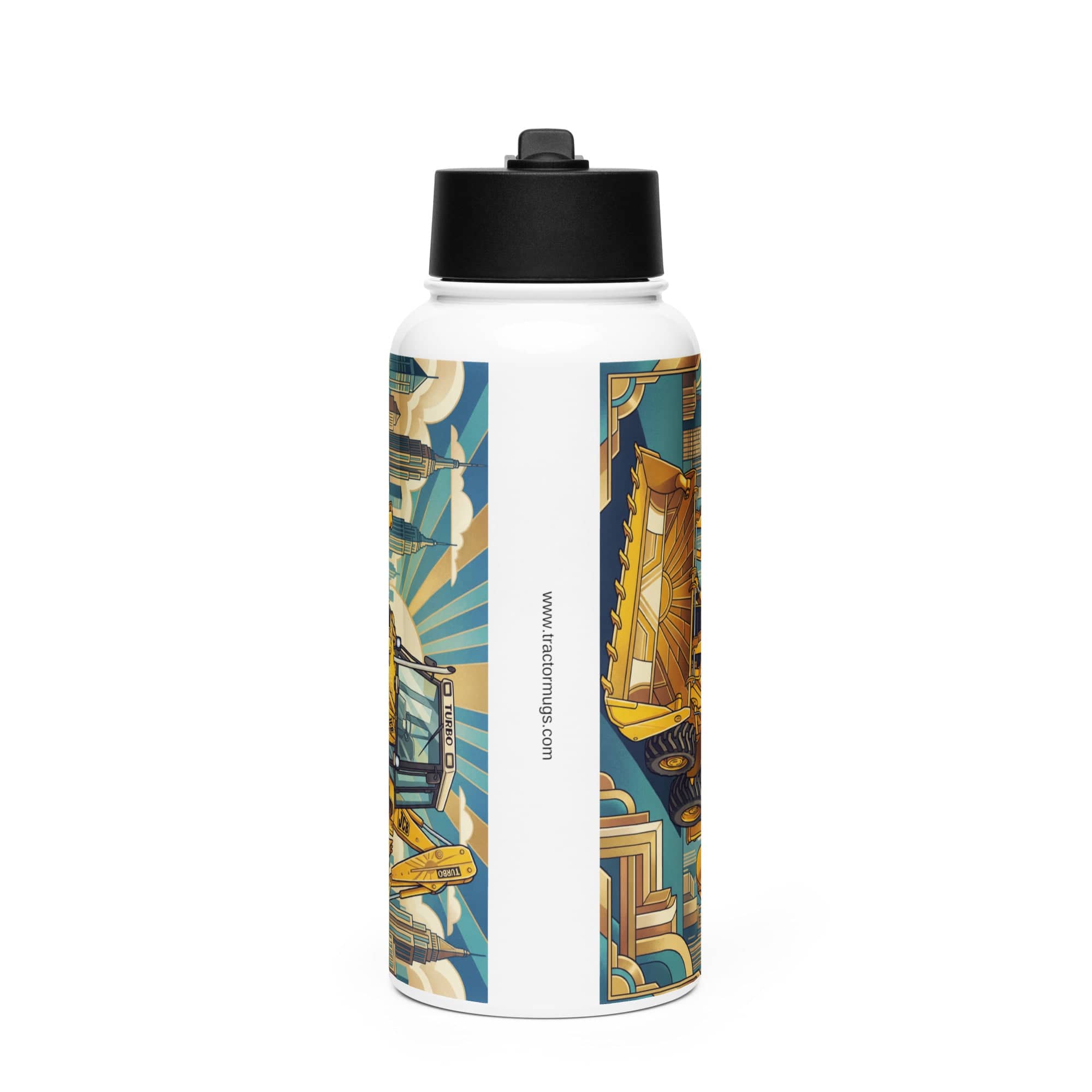 The Tractor Mugs Store JCB 3CX TURBO | Art Deco Stainless steel water bottle with a straw lid Quality Farmers Merch
