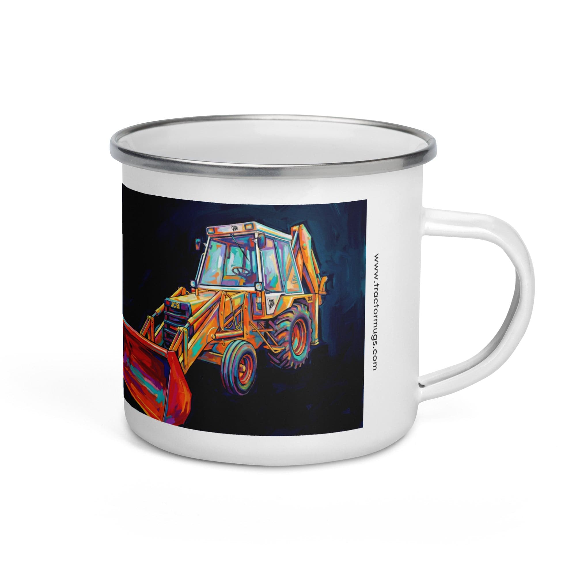 The Tractor Mugs Store JCB 3CX White Cabin | Splash Art Enamel Mug Quality Farmers Merch
