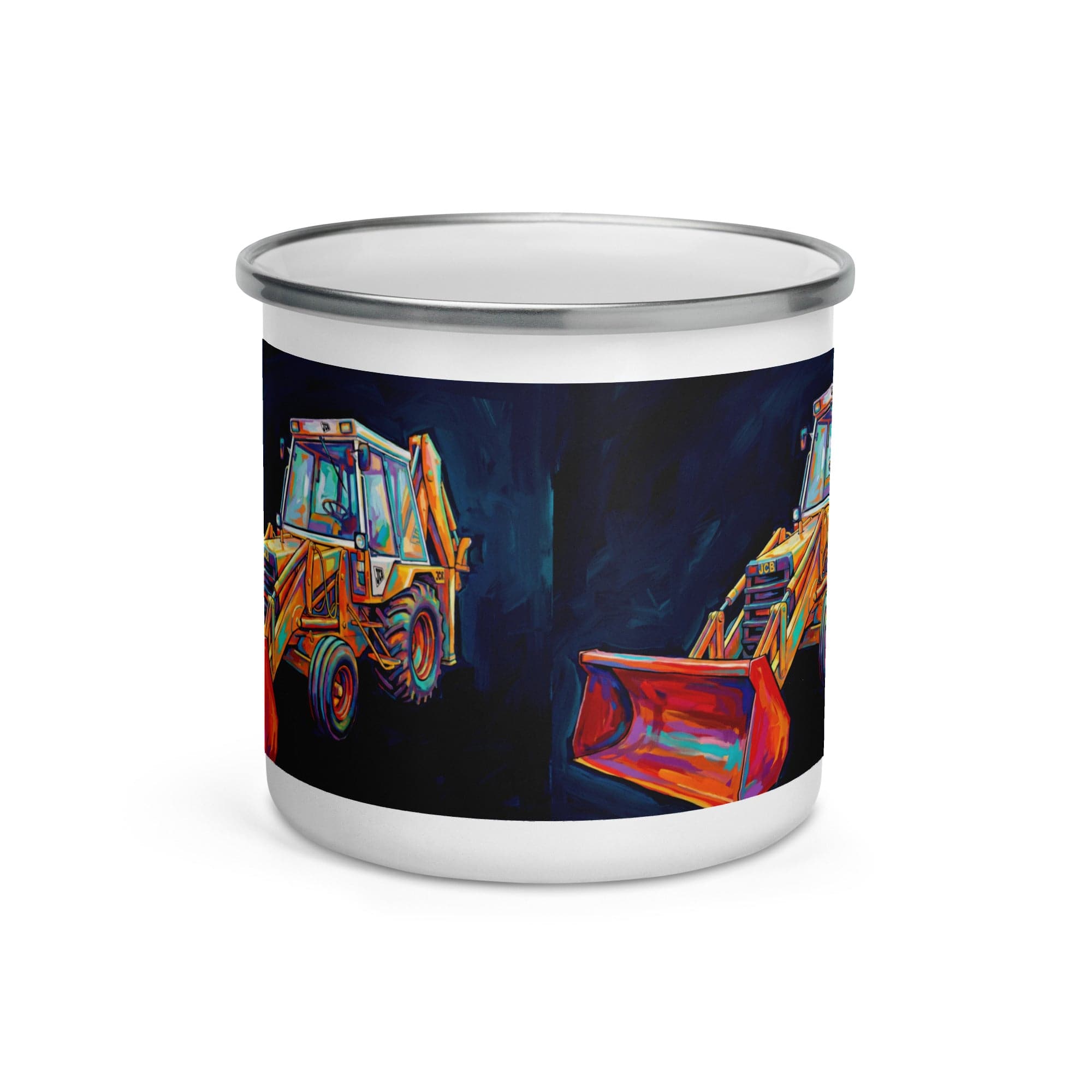 The Tractor Mugs Store JCB 3CX White Cabin | Splash Art Enamel Mug Quality Farmers Merch