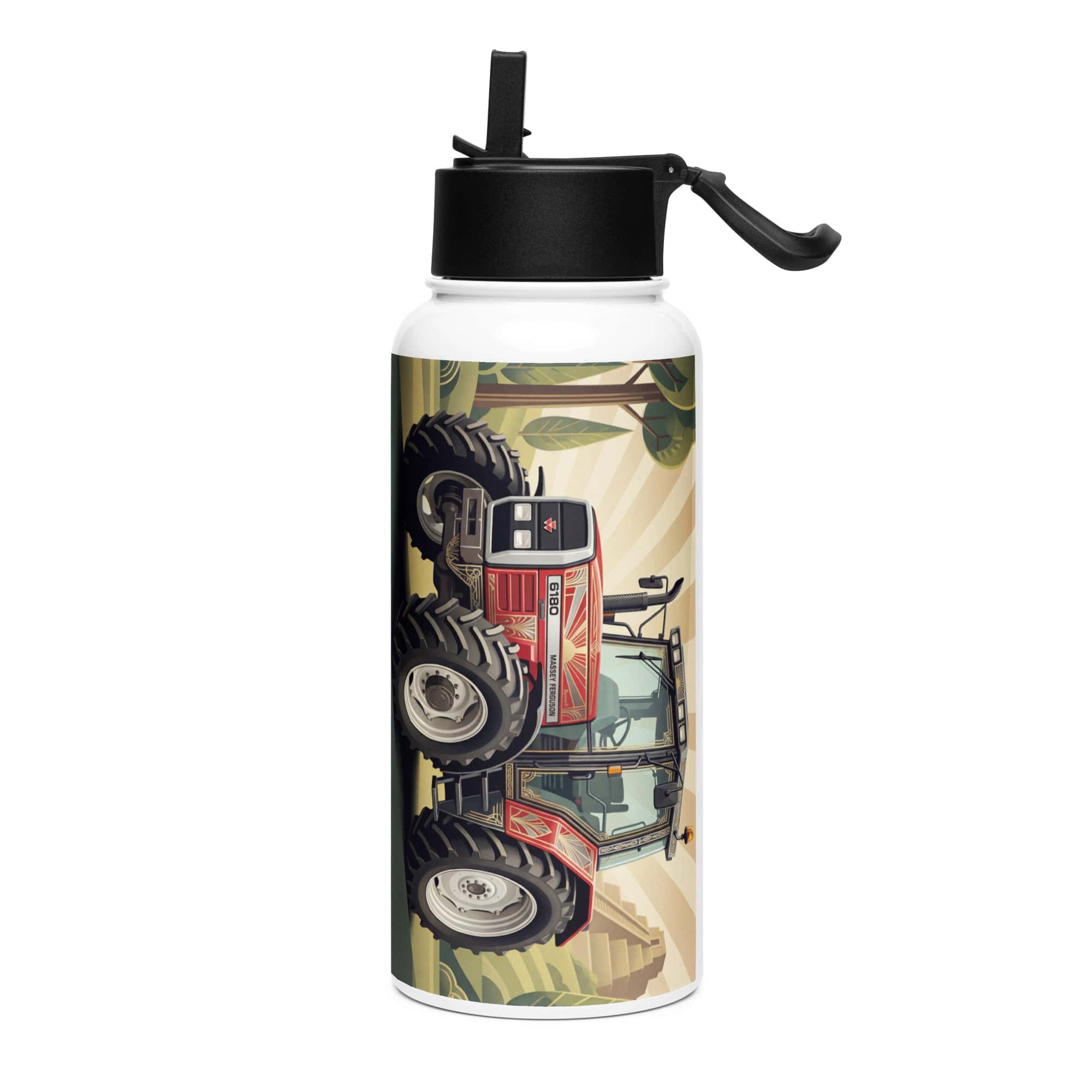 The Tractor Mugs Store Massey Ferguson 6180 | Art Deco Stainless steel water bottle with a straw lid Quality Farmers Merch