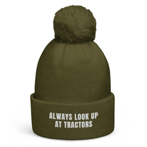 The Tractor Mugs Store Moss Green Always Look Up At Tractors | Pom-Pom Beanie Quality Farmers Merch