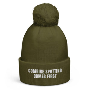 The Tractor Mugs Store Moss Green Combine Spotting Comes First | Pom-Pom Beanie Quality Farmers Merch