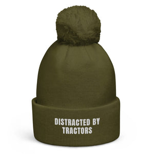 The Tractor Mugs Store Moss Green Distracted by Tractors | Pom-Pom Beanie Quality Farmers Merch