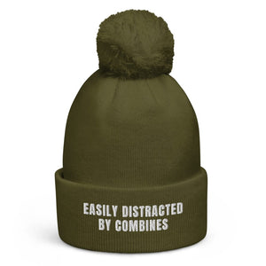 The Tractor Mugs Store Moss Green Easily Distracted By Combines | Pom-Pom Beanie Quality Farmers Merch