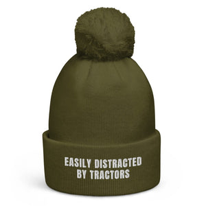 The Tractor Mugs Store Moss Green Easily Distracted By Tractors | Pom-Pom Beanie Quality Farmers Merch