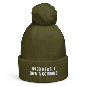 The Tractor Mugs Store Moss Green Good News. I Saw A Combine | Pom-Pom Beanie Quality Farmers Merch