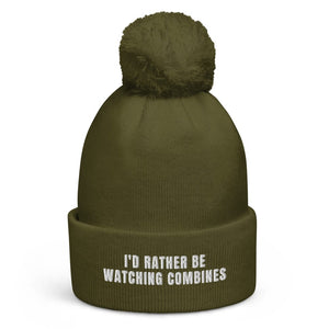 The Tractor Mugs Store Moss Green I'd Rather Be Watching Combines | Pom-Pom Beanie Quality Farmers Merch