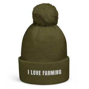 The Tractor Mugs Store Moss Green I Love Farming | Pom-Pom Beanie Quality Farmers Merch