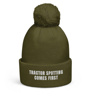 The Tractor Mugs Store Moss Green Tractor Spotting Comes First | Pom-Pom Beanie Quality Farmers Merch