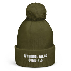 The Tractor Mugs Store Moss Green Warning: Talks Combines | Pom-Pom Beanie Quality Farmers Merch