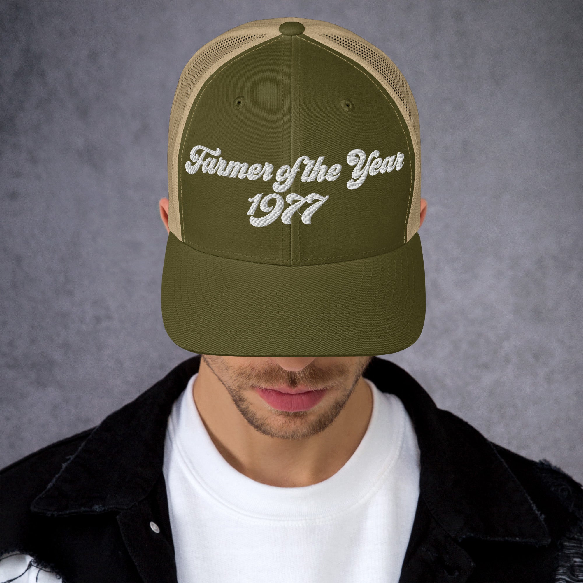 The Tractor Mugs Store Moss/ Khaki Farmer of The Year 1977 | Retro 70's Trucker Cap Quality Farmers Merch