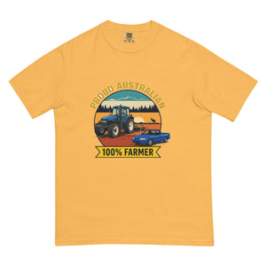 The Tractor Mugs Store Mustard New Holland TM 135 PROUD AUSTRALIAN 100% FARMER Outdoor | Unisex Premium T-shirt Quality Farmers Merch