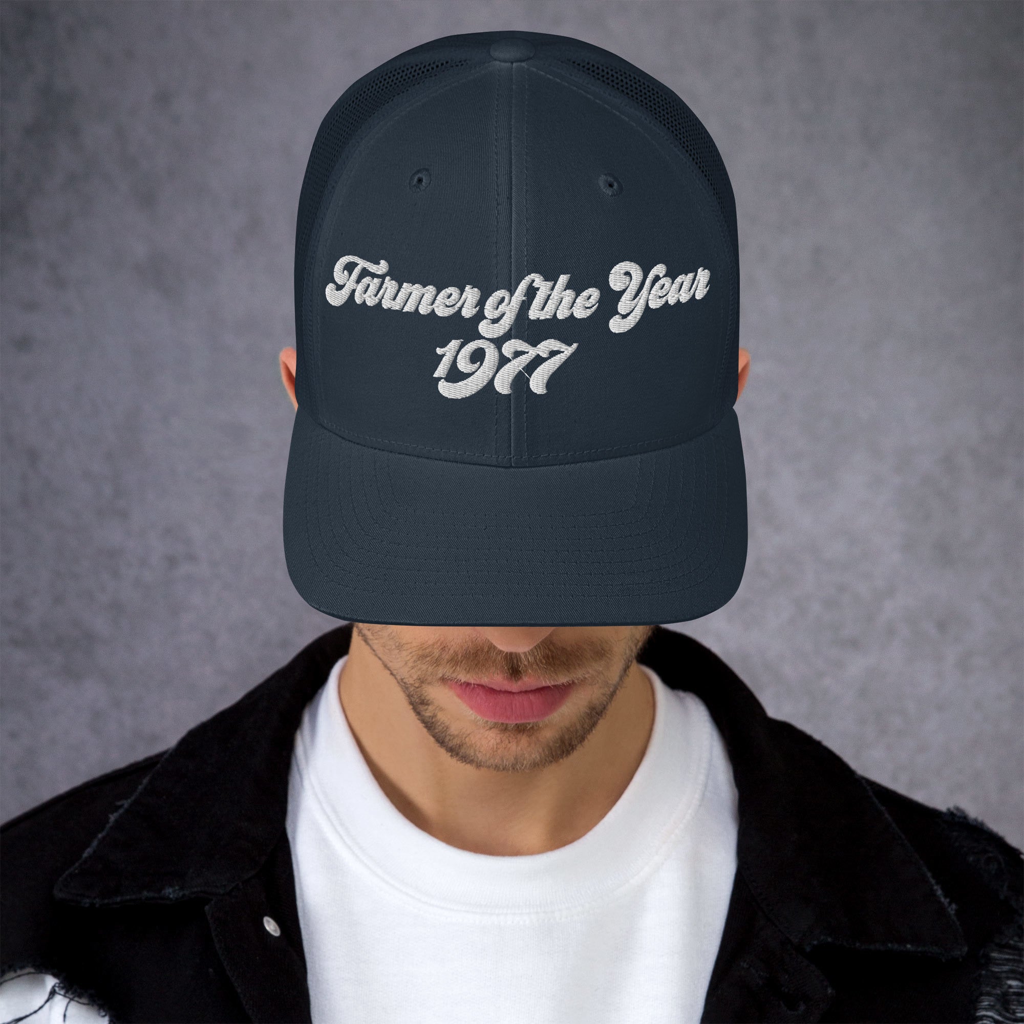 The Tractor Mugs Store Navy Farmer of The Year 1977 | Retro 70's Trucker Cap Quality Farmers Merch
