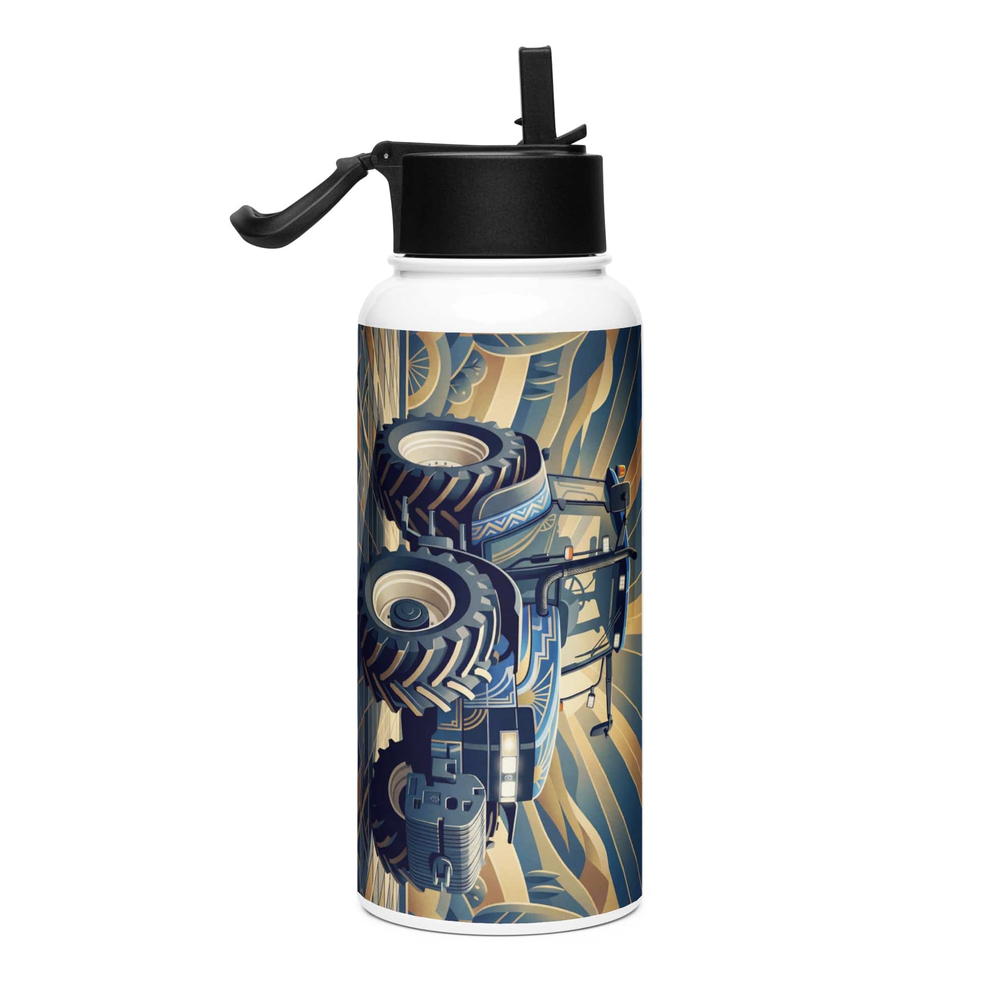 The Tractor Mugs Store New Holland TM 155  | Art Deco Stainless steel water bottle with a straw lid Quality Farmers Merch