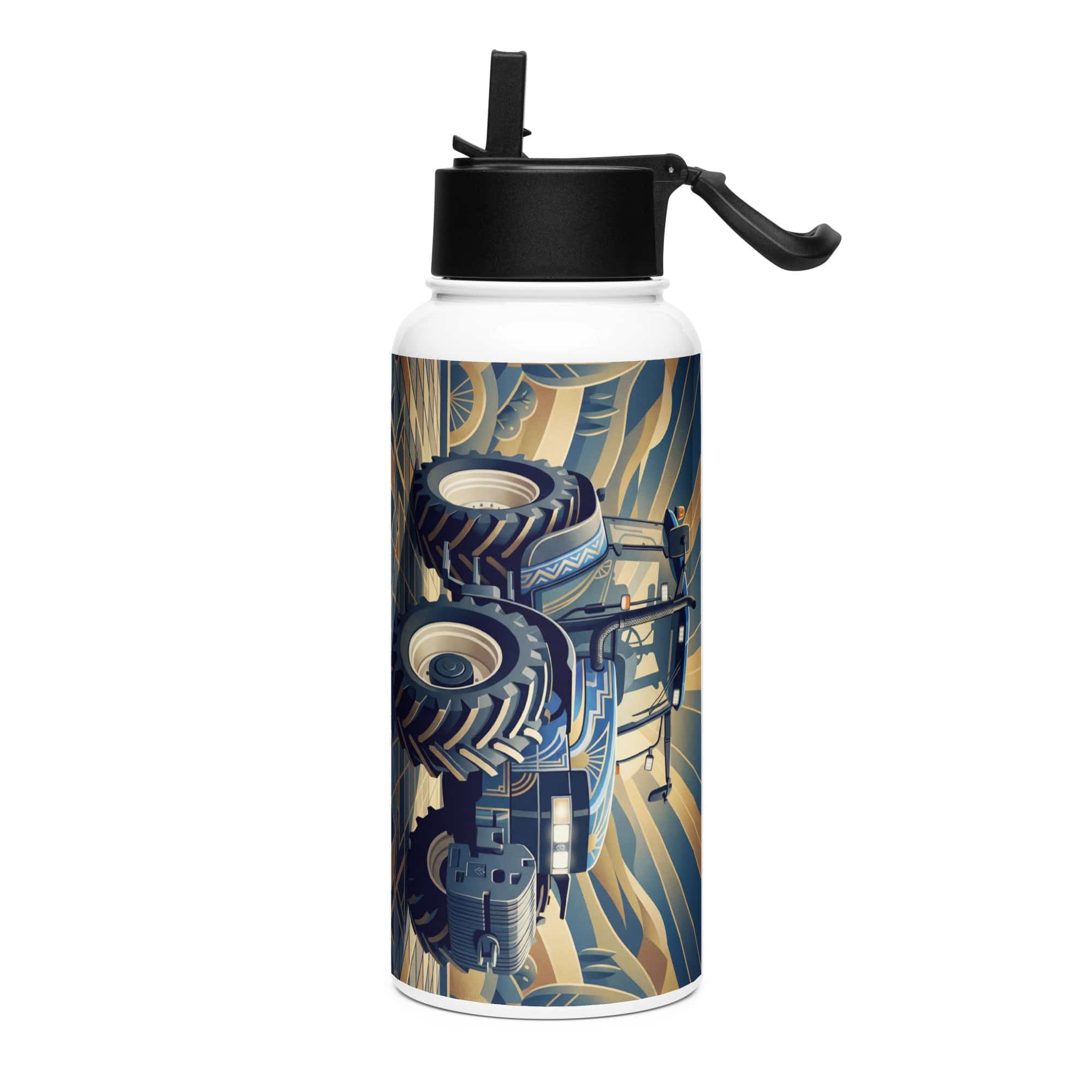 The Tractor Mugs Store New Holland TM 155  | Art Deco Stainless steel water bottle with a straw lid Quality Farmers Merch