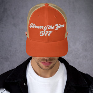 The Tractor Mugs Store Rustic Orange/ Khaki Farmer of The Year 1977 | Retro 70's Trucker Cap Quality Farmers Merch