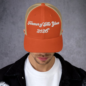 The Tractor Mugs Store Rustic Orange/ Khaki Farmer of The Year 2026 | Retro 70's Trucker Cap Quality Farmers Merch