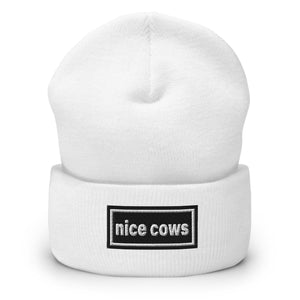 The Tractor Mugs Store White OASIS Style 'Nice Cows' | Cuffed Beanie Quality Farmers Merch